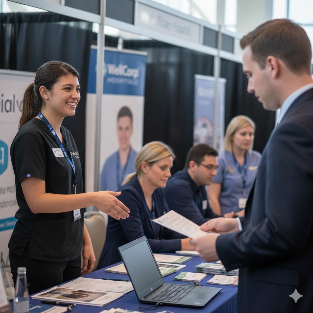 Healthcare recruiter shaking hands with job candidate at career fair booth
