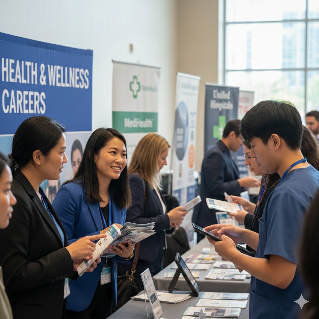 Healthcare professionals networking and exchanging brochures at career fair