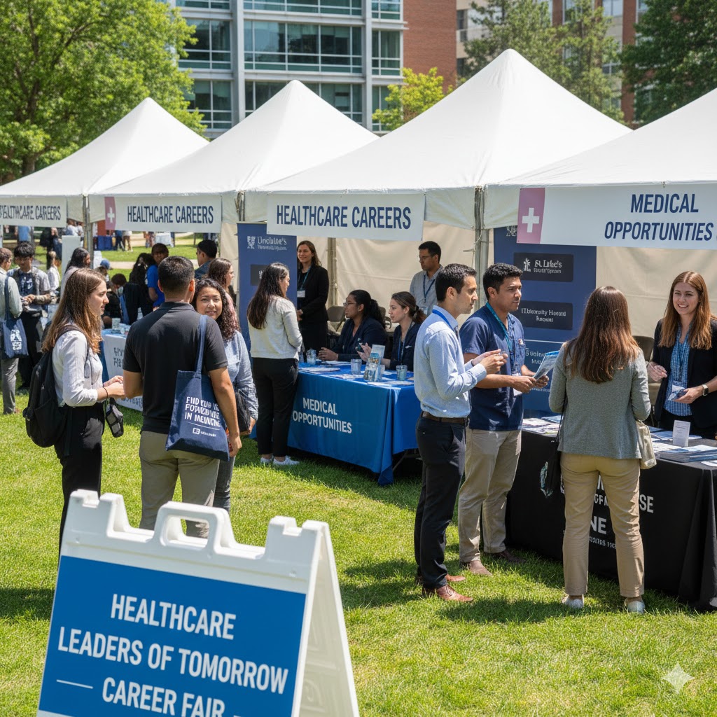Outdoor healthcare career fair with tents and job seekers